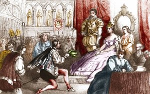 Jean Nicot wręcza roślinę tytoniu Katarzynie Medycejskiej (Caterina de medici) i Wielkiemu Przeorowi Domu Lotaryńskiego. 16 wiek. Rycina XIX wieku autorstwa Unknown artist