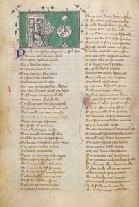 Jean de Meun pisze pierwsze słowa swojego wiersza (rozpoczynającego się na f. 28) w Roman de la Rose autorstwa Unknown artist