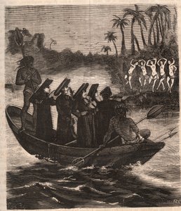 Misjonarze jezuiccy przybywają łodzią wśród Indian Guarani do Paragwaju w 1553 r. - Rycina z 1879 r. w „Historii tajnych, politycznych i religijnych stowarzyszeń” Pierre