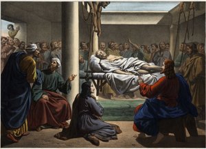 Jezus uzdrawia paralityka Bethesdy. Anonimowy rycina z połowy XIX wieku. autorstwa Unknown artist