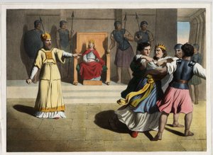 Joasz (Jehoasz) wygnany z tronu i z pomocą kapłanów nakazał śmierć królowej Atalii i tym samym został królem Judy. Anonimowy rycina z połowy XIX wieku. autorstwa Unknown artist
