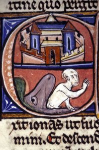 Jonasz po trzech dniach i trzech nocach spędzonych w brzuchu ogromnej ryby zostaje zwymiotowany przez zwierzę. Rękopis z XIV wieku. Biblioteca Nazionale Braidense, Mediolan. autorstwa Unknown artist