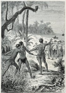 Podróż kapitana Jamesa Cooka (1728-1779) do Nowej Gwinei: pierwsze spotkanie z tubylcami, ilustracja zaczerpnięta z „Wielkich marynarzy XVIII wieku”” autorstwa Unknown artist