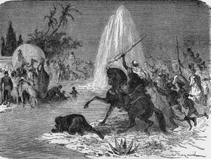 Radość Arabów na widok strumienia wody ze studni artezyjskiej Sidi-Rached, wykutej przez Francuzów na Saharze. W „Albumie nauki””, Éditions Jouvet autorstwa Unknown artist