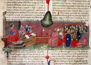 Jules Cesar (101-44 pne) na tronie Fragment strony rękopisu „Fakty Rzymian” (Ms 1538) ok. 1340 Florencja, Biblioteca Riccardiana autorstwa Unknown artist