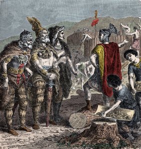 Wódz Julian i Franków - Spotkanie cesarza Juliana z wodzami Franco - (Flavius Claudius Julianus (331-363), zwany Julianem Apostatą, zwanym też Julianem Filozofem lub Julianem II lub Julianem Cesarzem) - rycina z końca XIX w. autorstwa Unknown artist