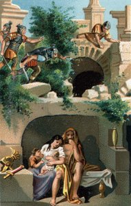 Julius Sabinus (Galowie Lingonów) i jego żona Eponine ukrywają się przez dziewięć lat wraz z dziećmi w podziemiu, a następnie zostają odkryci, że zostają zabrani do Rzymu wraz z dwoma bliźniakami. Późna chromolitografia XIX wieku. autorstwa Unknown artist