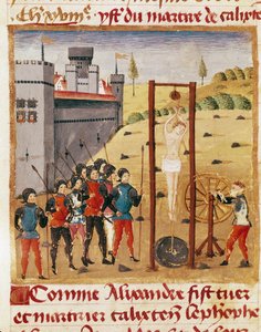 Król Aleksander Wielki (356-323 p.n.e.) uczestniczy w egzekucji szlachetnego Calixtena Cephobe przez powieszenie””” Miniatura zaczerpnięta z „”Księgi faktów Aleksandra Wielkiego”” Kwintusa Curtiusa Rufusa (I w.) (ms 1335, fol. 167 v autorstwa Unknown artist