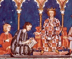 Król Alfonso X Mędrzec pomaga w pisaniu. Fragment miniatury z Księgi szachów, kości i tabel Alfonsa X Mądrego (1221-1284). 1282. Św. Biblioteka Królewska autorstwa Unknown artist