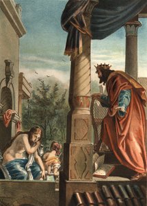 Król Dawid i Betsabee, jego przyszła żona w wannie, w „El Culto de la Hermosura” autorstwa Juana Justo Hugueta, redaktorów Molinasa Hermanosa autorstwa Unknown artist