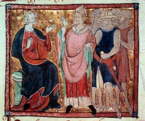 Król Anglii Henryk II (1133-1189) otrzymujący ewekę i miniaturę żołnierzy z XV-wiecznego rękopisu. Paryż, B.N. autorstwa Unknown artist