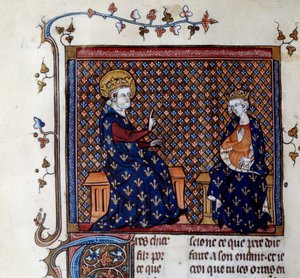 Król Ludwik IX (1214-1270) uczy swego syna mistrza króla, przyszłego Filipa III Miniatura z XIV-wiecznego rękopisu. Chantilly, Muzeum Conde autorstwa Unknown artist