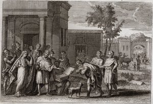 Biblia Królestwa, Stary Testament: Abimelech ukarany przez Boga. Abimelech (Abimelec lub Ahimelech lub Ahimelek), król Geraru, porwawszy siłą Sarę (Sarę), żonę Abrahama, ale którą uważał, że jest tylko jego siostrą, zostaje zwiedziony przez Boga i oddaje j autorstwa Unknown artist