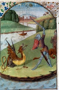 Rycerze Okrągłego Stołu: „Lancelot walczy ze smokiem”” Miniatura rękopisu „” Powieść Lancelot du Lac”” autorstwa Unknown artist