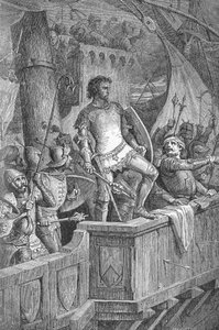 Knut Wielki (Canut I) (994 lub 995-1035) - Ludzie Cnuta Wielkiego na moście londyńskim, atakowani przez Olafa II z Norwegii (Olaf II z Norwegii) - Grawerowanie w „” Kaiser, Konig une Papst” Richarda Roth autorstwa Unknown artist
