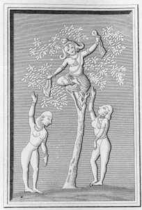 Krishna lecący z dwoma gopi. grawerowanie w „”Ancient and Modern Monuments of Hindustan”” przez L.M. Langles, Paryż 1821. autorstwa Unknown artist