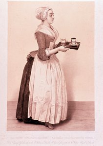 La Chocolatiere de Vienne: młoda pokojówka trzymająca tacę z kubkiem gorącej czekolady. Litografia z XIX-wiecznej kolekcji prywatnej autorstwa Unknown artist