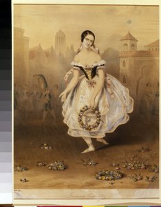 Włoska baletnica Fanny (Francesca) Cerrito (1817-1909) (tancerka baletowa Fanny Cerrito). Anonimowa litografia, koniec 1830. XIX-wieczny neoklasycyzm. Państwowe Muzeum Sztuki Teatralnej i Muzycznej w Petersburgu. autorstwa Unknown artist
