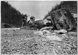 La catastrophe de Saint-Gervais (Saint Gervais) ou catastrophe du glacier de la Tete Rousse (departament Górnej Sabaudii) (12-13 lipca 1892) - Bains de Saint-Gervais po katastrofie z ogromnymi blokami przeniesionymi przez potok, Grawerowanie w „” La Natur autorstwa Unknown artist