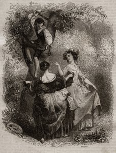 Zbieranie wiśni - ilustracja do spowiedzi” Jean-Jacques (Jean Jacques) Rousseau (1712-1778) - rycina z 1849 r. autorstwa Unknown artist