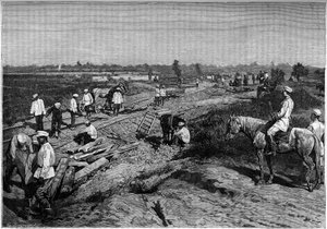 Układanie torów kolei Transcapien. Grawerowanie w czasopiśmie „La jeunesse”” autorstwa Unknown artist