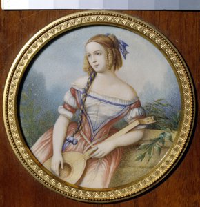 Rosyjska aktorka Varvara Asenkova (1817-1841), w roli Esmeraldy z „Notre Dame de Paris” Victora Hugo (1802-1885). (rosyjska aktorka Varvara Asenkova jako Esmeralda). Praca anonimowa, akwarela na papierze autorstwa Unknown artist