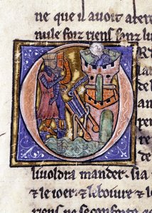Lancelot na szczycie wieży. Rękopis: Conquest of the Saint Gréal, napisany 717 lat po męce naszego Pana. Bibliotheque Municipale de Rennes, ms. 255 (Zbiór powieści Okrągłego Stołu); Paryż autorstwa Unknown artist