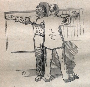 Antropometria sądowa lub bertillonnage, metoda Alphonse Bertillon (1853-1914): pomiar wielkiego wielkiego kalibru ramion - Grawerowanie w „La Science francaise” autorstwa Unknown artist
