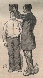 Antropometria sądowa lub bertillonnage, metoda Alphonse Bertillon (1853-1914): pomiar wzrostu - Grawerowanie w „La Science francaise”” autorstwa Unknown artist