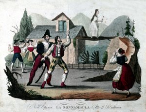 Ostatnia scena II aktu „La somnambule (La sonnanbula”) Vincenzo Belliniego. Grawerunek z 1835 roku. autorstwa Unknown artist
