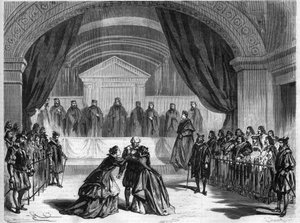 Ostatni etap sztuki teatralnej „Galilea”, trzyaktowego dramatu francuskiego poety i dramaturga Francoisa Ponsarda (1814-1867) wystawia się we francuskim teatrze komediowym w Paryżu. Grawer w „”L