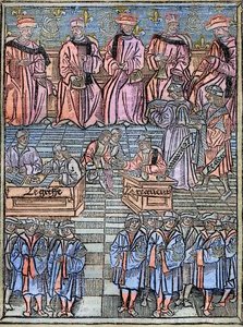 Grawerunek Le prevot des marchands et les echevins de Paris au 16eme w. na podstawie oryginału z 1528 r. - Provot of Merchants and Addermen of Paris, scena poboru podatków, strona tytułowa z 