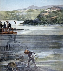 Nurek Paolo Pardi pracujący na rzymskich łodziach na jeziorze Nemi z nurkiem Siebe w 1893 roku. autorstwa Unknown artist