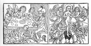 Po lewej: Św. Maria Magdalena osusza stopy Jezusa swoimi włosami. Po prawej: św. Maria Magdalena wstępuje do nieba. Rękopis z 1488 r. wydrukowany w Norymberdze. Grawer z „Leben der Heiligen - sommerteil” (Księga świętego) Jakuba (Jakuba) z Vora autorstwa Unknown artist