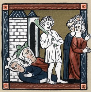 Legenda Arthurienne: Lancelot du lac delivre Królowa Guenievre i jej przyjaciółka z zamku, która zemdlała, a mieszkańcy uciekają. W „Historii literatury francuskiej” Hermanna Suchiera autorstwa Unknown artist