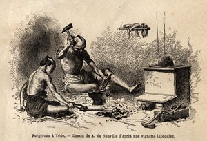 Zajmijmy się kowali przed ich kuźnią w Yedo (lub Edo, stolicy cesarskiej, dzisiejsze Tokio). Rycina ilustrująca podróż do Japonii w latach 1863-1864, autorstwa Aime Humberta, ministra Konfederacji Szwajcarskiej, w „Le tour du monde, nouveau journal des vo autorstwa Unknown artist