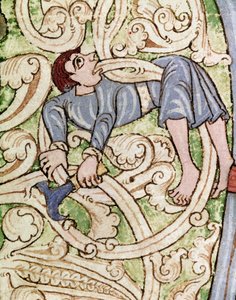 Dekoracja Lettrine C przedstawiająca leśnika. Miniatura z Biblii (Stary Testament) (Ms 3088) XII-wieczna Coimbra, Biblioteka Uniwersytecka autorstwa Unknown artist