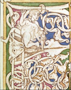 Lettrine P decoree przedstawiająca kobietę łowiącą rybę. Miniatura z Biblii (Stary Testament) (Ms 3088) XII-wieczna Coimbra, Biblioteka Uniwersytecka autorstwa Unknown artist