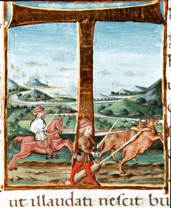 Lettrine T decoree jeźdźca i trenera wołów - Miniatura zaczerpnięta z „Bukolik” (Eglogues) Virgila (Publiusa Vergiliusa Maro) (70-19 pne) (Pas IV E.12). Neapol z XV wieku, Biblioteka Narodowa autorstwa Unknown artist