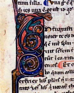 Lettrine decoree gotyckiego potwora przypominającego gargulce Fragment XIV-wiecznego rękopisu. autorstwa Unknown artist