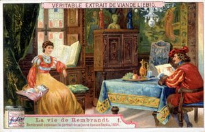 Chromolitografia Liebiga na temat życia Rembrandta (1606-1669), holenderskiego malarza. Tutaj rysuje portret swojej młodej żony Saskii w 1654 roku. autorstwa Unknown artist