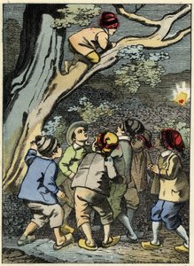 Mały Poucet wspina się na drzewo i szuka swojej drogi. Podnosi światło w lesie. Ilustracja do bajki Charlesa Perraulta „” Le Pepetit Poucet” autorstwa Unknown artist