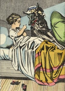 Czerwony Kapturek prosi Wilka: „Babciu, bo masz duże zęby”. Ilustracja do bajki „Czerwony Kapturek” Charlesa Perrault autorstwa Unknown artist