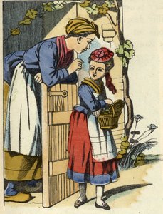 Matka Czerwonego Kapturka daje jej ostatnią rekomendację, aby udać się do domu babci. Ilustracja do bajki „Czerwony Kapturek” Charlesa Perrault autorstwa Unknown artist