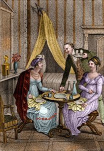 Mały obiad. Olympe de Gouges (1748-1793), francuska literat i rewolucjonistka z Celine jedną z jej przyjaciółek. w „Conseils a ma fille” Jeana Nicolasa Bouilly
