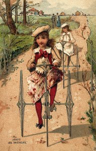 Małe dziewczynki na rowerkach trójkołowych. Chromolitografia około 1890 roku. autorstwa Unknown artist