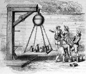 Ładowanie półkul magdeburskich zawieszonych w celu obliczenia ciśnienia atmosferycznego - w „Ottonis de Guericke: Experimenta Nova Magdeburgica de vacuo spatio”” autorstwa Otto von Guericke (Otto de Guericke autorstwa Unknown artist