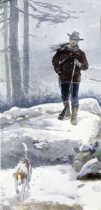 Samotny myśliwy z psem w śnieżnym krajobrazie, koniec XIX wieku autorstwa Unknown artist