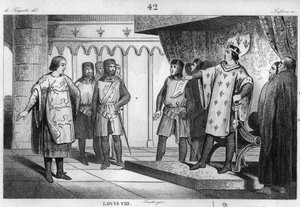 Ludwik VIII (1187-1226) Lew przyjmuje wysłannika od swojego wroga Henryka III (1207-72) z Anglii - Ludwik VIII „Le Lion” (1187-1226), dynastia Kapetów, odpowiada z dumą i fermetą na wysłannik króla Anglii Henryka III - Grawerowanie 1 autorstwa Unknown artist