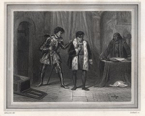 Ludwik XI więzień Karola Tymczasowego Książę Burgundii - król Francji Ludwik XI (król 1461-1483) spotyka swojego przeciwnika Karola Tymczasowego księcia Burgundii w latach 1467-1477 do Peronne w październiku 1468, okres Ligue du Bien Public - francuski kró autorstwa Unknown artist